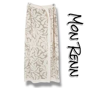 Mon Renn High Tide Midi Skirt  Stone Taupe Abstract Print Slit Long Womens Sz S